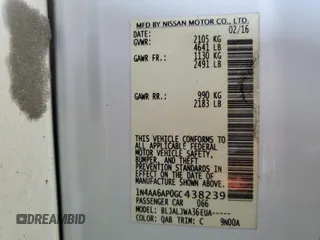 2016 Nissan Maxima SR z VIN 1N4AA6AP0GC438239, wystawiony jako Copart lot #55441945 z przebiegiem 68 614 mil mil oraz Szkoda całkowita • Salvage title. Historia ofert i sprzedaży dostępna na DreamBid. Obrazek 12.