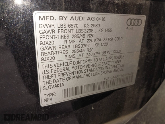2017 Audi Q7 Premium Plus with VIN WA1LAAF72HD014498, listed as a IAAI auction lot 42154023 with 54,006 mi miles. Bid and sale history available at carsss.com. Image 9.