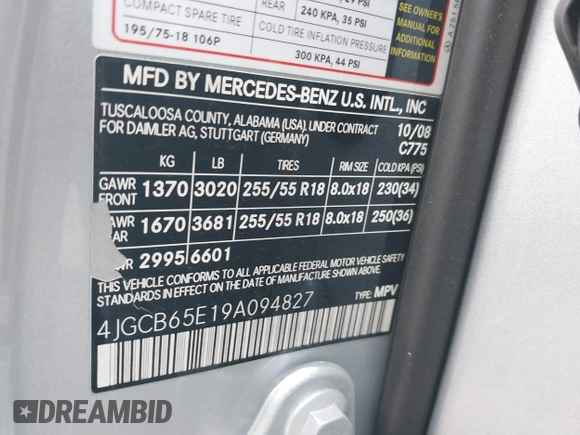 2009 Mercedes-Benz R 3.5L with VIN 4JGCB65E19A094827, listed as a IAAI auction lot 41574060 with 155,257 mi miles and . Bid and sale history available at DreamBid. Image 9.