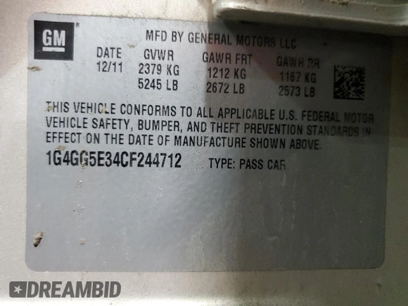 2012 Buick LaCrosse Premium 2 z VIN 1G4GG5E34CF244712, wystawiony jako Copart lot #56888415 z przebiegiem 46 935 mil mil oraz Szkoda całkowita • Salvage title. Historia ofert i sprzedaży dostępna na DreamBid. Obrazek 12.