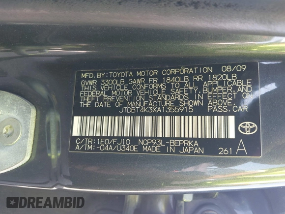 2010 Toyota Yaris with VIN JTDBT4K3XA1355915, listed as a IAAI auction lot 42020222 with 275,000 mi miles and . Bid and sale history available at DreamBid. Image 9.