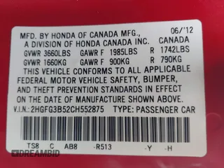 2012 Honda Civic Cpe LX with VIN 2HGFG3B52CH552875, listed as a IAAI auction lot 41752141 with 132,342 mi miles. Bid and sale history available at carsss.com. Image 9.