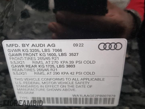 2023 Audi e-tron Premium Plus with VIN WA1LAAGE2PB007879, listed as a Copart auction lot 63622544 with Not provided miles and Salvage title. Bid and sale history available at DreamBid. Image 13.