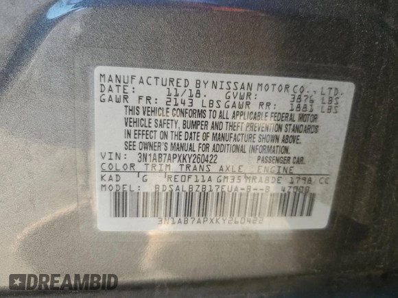 2019 Nissan Sentra S with VIN 3N1AB7APXKY260422, listed as a Copart auction lot 48356345 with 93,039 mi miles and Salvage Title. Bid and sale history available at carsss.com. Image 12.