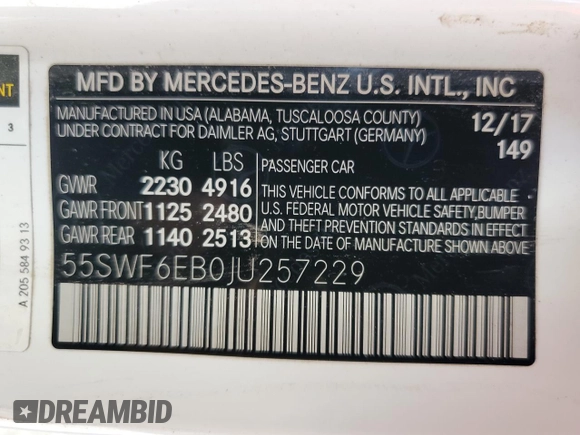 2018 Mercedes-Benz C 43 AMG with VIN 55SWF6EB0JU257229, listed as a Copart auction lot 68947254 with 116,622 mi miles and Non Repairable. Bid and sale history available at carsss.com. Image 12.