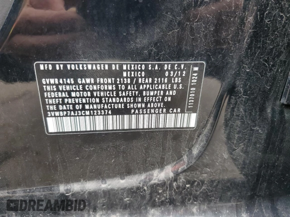 2012 Volkswagen Jetta SE with VIN 3VWBP7AJ3CM123374, listed as a Copart auction lot 56467695 with 116,245 mi miles and Salvage title. Bid and sale history available at DreamBid. Image 13.