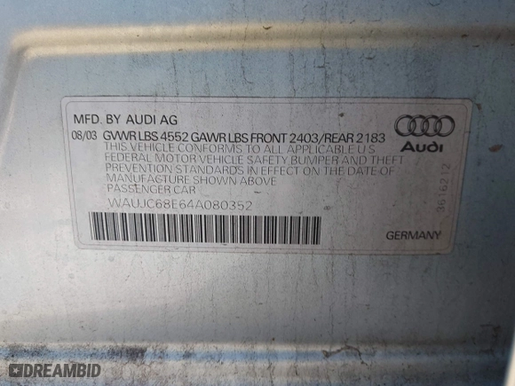 2004 Audi A4 1.8T with VIN WAUJC68E64A080352, listed as a IAAI auction lot 41635920 with 112,228 mi miles. Bid and sale history available at carsss.com. Image 9.