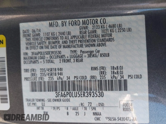 2014 Ford Fusion SE Hybrid with VIN 3FA6P0LU5ER393530, listed as a IAAI auction lot 42478440 with 93,728 mi miles and . Bid and sale history available at DreamBid. Image 9.