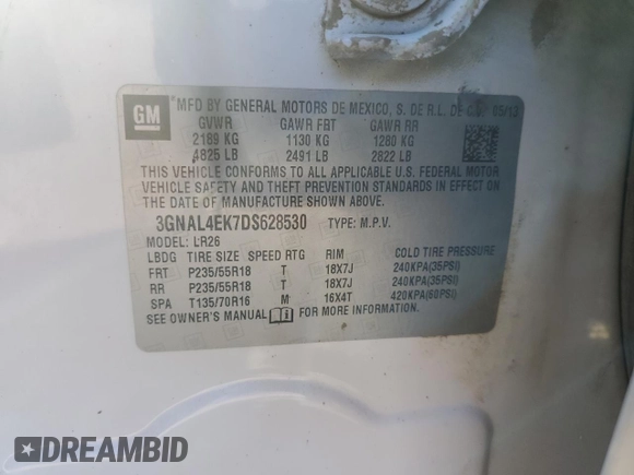 2013 Chevrolet Captiva Sport LTZ with VIN 3GNAL4EK7DS628530, listed as a Copart auction lot 78023164 with 135,358 mi miles and Clean Title. Bid and sale history available at DreamBid. Image 13.