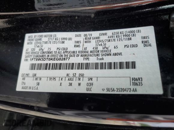 2019 Ford F-350 XL z VIN 1FT8W3DT0KEG02877, wystawiony jako Copart lot #56856905 z przebiegiem 215 078 mil mil oraz Szkoda całkowita • Salvage title. Historia ofert i sprzedaży dostępna na DreamBid. Obrazek 12.