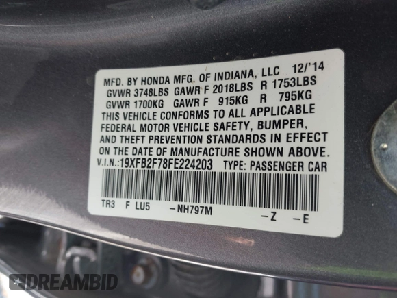 2015 Honda Civic Sedan SE with VIN 19XFB2F78FE224203, listed as a IAAI auction lot 41963091 with 94,200 mi miles. Bid and sale history available at carsss.com. Image 9.