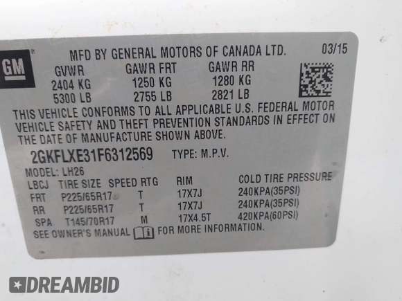 2015 GMC Terrain SLT with VIN 2GKFLXE31F6312569, listed as a IAAI auction lot 42031471 with 98,038 mi miles and . Bid and sale history available at carsss.com. Image 9.