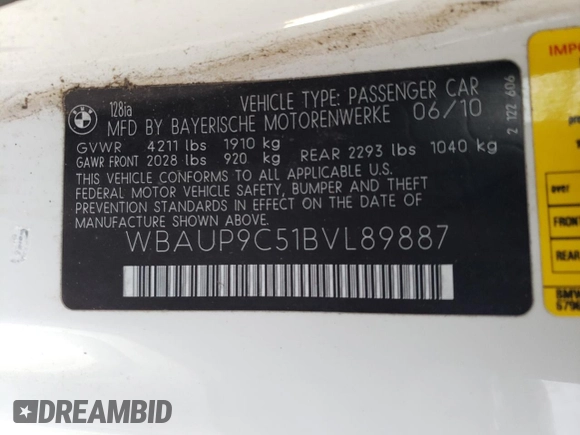 2011 BMW 1 Series 128i z VIN WBAUP9C51BVL89887, wystawiony jako Copart lot #78533234 z przebiegiem Nie podano mil oraz Szkody całkowita. Historia ofert i sprzedaży dostępna na DreamBid. Obrazek 14.