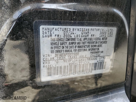 2016 Nissan Sentra SL with VIN 3N1AB7AP7GY319398, listed as a Copart auction lot 51659785 with 133,284 mi miles and Clean Title. Bid and sale history available at carsss.com. Image 13.