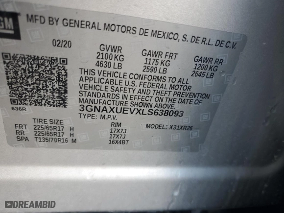 2020 Chevrolet Equinox LT with VIN 3GNAXUEVXLS638093, listed as a Copart auction lot 46289935 with 127,828 mi miles and Salvage Title. Bid and sale history available at carsss.com. Image 12.