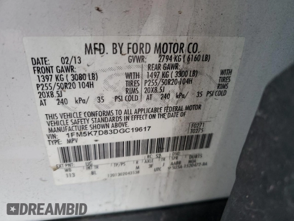 2013 Ford Explorer XLT with VIN 1FM5K7D83DGC19617, listed as a Copart auction lot 50231925 with 184,027 mi miles and Salvage Title. Bid and sale history available at DreamBid. Image 13.