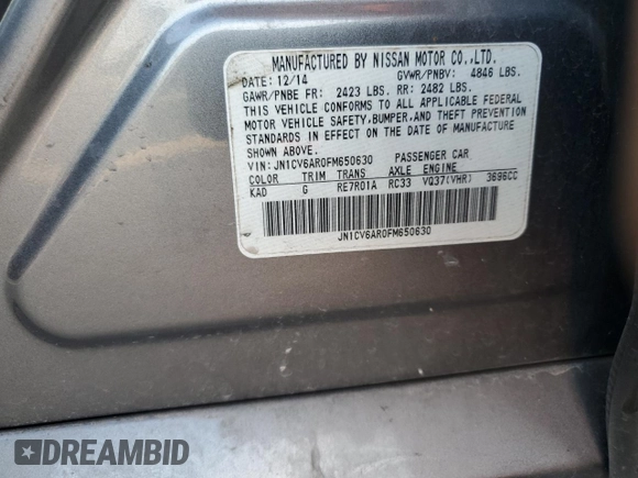 2015 Infiniti Q40 with VIN JN1CV6AR0FM650630, listed as a Copart auction lot 82579604 with 104,324 mi miles and Salvage Title. Bid and sale history available at carsss.com. Image 13.