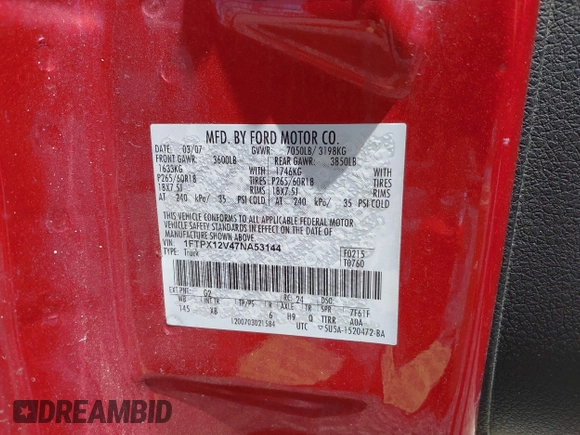 2007 Ford F-150 XL с VIN 1FTPX12V47NA53144, выставлен на аукционе IAAI как лот 42168973 с пробегом 227 430 миль миль и . История ставок и продаж доступна на DreamBid. Изображение 9.