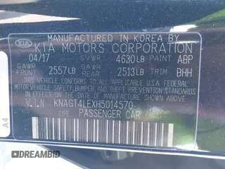 2017 Kia Optima Hybrid with VIN KNAGT4LEXH5014570, listed as a IAAI auction lot 41910017 with 126,532 mi miles. Bid and sale history available at carsss.com. Image 9.
