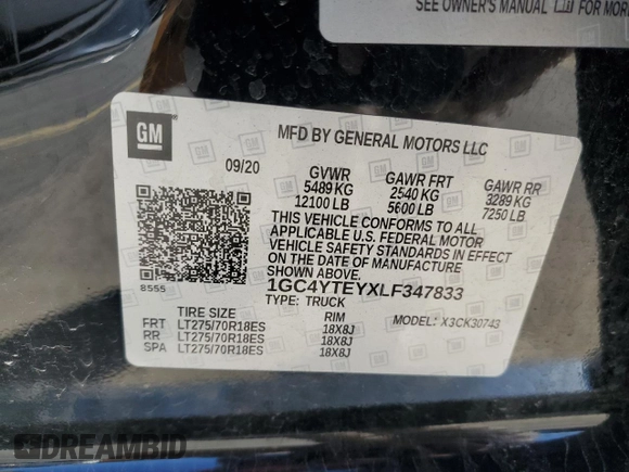 2020 Chevrolet Silverado 3500HD LT with VIN 1GC4YTEYXLF347833, listed as a Copart auction lot 47198315 with 0 mi miles and Salvage Title. Bid and sale history available at carsss.com. Image 14.