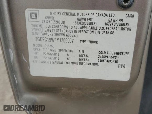 2000 Chevrolet Silverado 1500 with VIN 2GCEC19W1Y1309907, listed as a Copart auction lot 50640185 with Not Provided miles and Salvage Title. Bid and sale history available at DreamBid. Image 13.