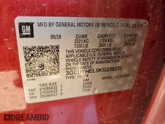 2019 Chevrolet Silverado 1500 High Country with VIN 3GCUYHEL5KG235231, listed as a Copart auction lot 48880265 with 87,315 mi miles and Salvage Title. Bid and sale history available at carsss.com. Image 12.