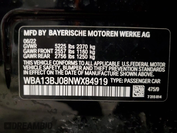 2022 BMW 5 Series 530i xDrive с VIN WBA13BJ08NWX84919, выставлен на аукционе Copart как лот 88638465 с пробегом 31 320 миль миль и Списание • Salvage title. История ставок и продаж доступна на DreamBid. Изображение 12.