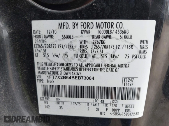 2011 Ford F-250 XL with VIN 1FT7X2B64BEB73064, listed as a IAAI auction lot 41707050 with 126,547 mi miles and . Bid and sale history available at DreamBid. Image 9.