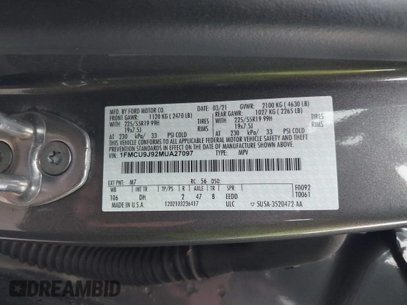 2021 Ford Escape Titanium with VIN 1FMCU9J92MUA27097, listed as a IAAI auction lot 41542774 with 14,822 mi miles and . Bid and sale history available at carsss.com. Image 9.