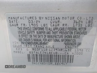 2024 Nissan Versa S with VIN 3N1CN8DV0RL884947, listed as a IAAI auction lot 41587418 with 33,466 mi miles. Bid and sale history available at carsss.com. Image 9.