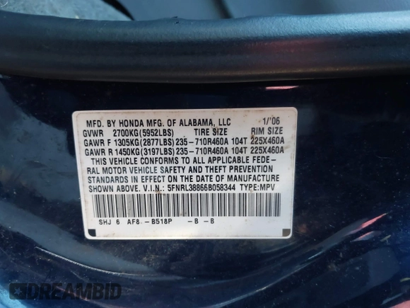 2006 Honda Odyssey TOURING with VIN 5FNRL38866B058344, listed as a IAAI auction lot 41298331 with 156,784 mi miles. Bid and sale history available at carsss.com. Image 9.