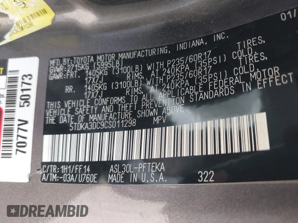 2012 Toyota Sienna with VIN 5TDKA3DC9CS011298, listed as a IAAI auction lot 41843980 with 158,787 mi miles and . Bid and sale history available at DreamBid. Image 9.