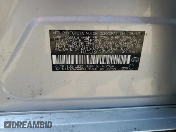 2013 Lexus LS 460 with VIN JTHCL5EF2D5019526, listed as a Copart auction lot 55359565 with 115,173 mi miles and Salvage title. Bid and sale history available at DreamBid. Image 12.