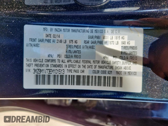 2014 Mazda 3 i Touring with VIN 3MZBM1V73EM101513, listed as a Copart auction lot 61356145 with 192,311 mi miles and Clean title. Bid and sale history available at DreamBid. Image 12.