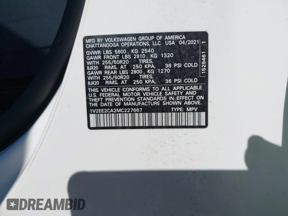 2021 Volkswagen Atlas SEL z VIN 1V2EE2CA2MC227667, wystawiony jako IAAI lot #41886405 z przebiegiem 41 928 mil mil oraz . Historia ofert i sprzedaży dostępna na DreamBid. Obrazek 9.