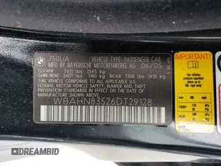2006 BMW 7 Series 750Li z VIN WBAHN83526DT29128, wystawiony jako Copart lot #83745544 z przebiegiem 155 589 mil mil oraz Szkoda całkowita • Salvage title. Historia ofert i sprzedaży dostępna na DreamBid. Obrazek 12.