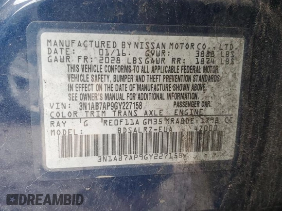 2016 Nissan Sentra S with VIN 3N1AB7AP9GY227158, listed as a Copart auction lot 41495605 with 114,322 mi miles and Clean Title. Bid and sale history available at DreamBid. Image 12.