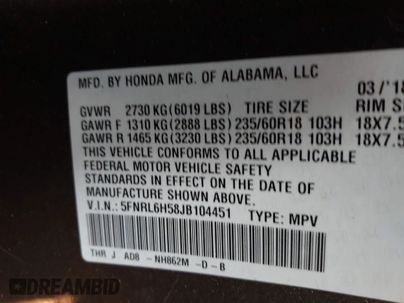 2018 Honda Odyssey EX с VIN 5FNRL6H58JB104451, выставлен на аукционе IAAI как лот 42467395 с пробегом 78 950 миль миль и . История ставок и продаж доступна на DreamBid. Изображение 9.