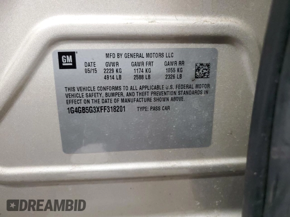 2015 Buick LaCrosse Leather with VIN 1G4GB5G3XFF318201, listed as a Copart auction lot 52161305 with 121,957 mi miles and Salvage Title. Bid and sale history available at DreamBid. Image 12.