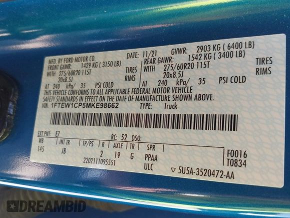 2021 Ford F-150 XL z VIN 1FTEW1CP5MKE98662, wystawiony jako IAAI lot #42077475 z przebiegiem 119 439 mil mil oraz . Historia ofert i sprzedaży dostępna na DreamBid. Obrazek 9.