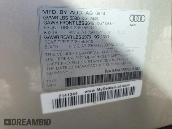 2015 Audi Q5 Premium Plus with VIN WA1LFAFP5FA035183, listed as a Copart auction lot 54483705 with 95,518 mi miles and Clean title. Bid and sale history available at DreamBid. Image 13.