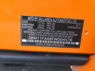 2015 McLaren 650S z VIN SBM11FAA8FW004578, wystawiony jako Copart lot #82216824 z przebiegiem 19 372 mil mil oraz Szkody całkowita. Historia ofert i sprzedaży dostępna na DreamBid. Obrazek 14.
