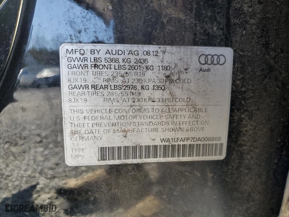 2013 Audi Q5 Premium Plus with VIN WA1LFAFP7DA008869, listed as a Copart auction lot 50971285 with 172,499 mi miles and Clean Title. Bid and sale history available at carsss.com. Image 13.