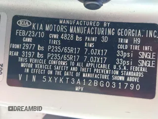 2011 Kia Sorento LX with VIN 5XYKT3A12BG031790, listed as a IAAI auction lot 42019848 with 170,413 mi miles. Bid and sale history available at carsss.com. Image 9.