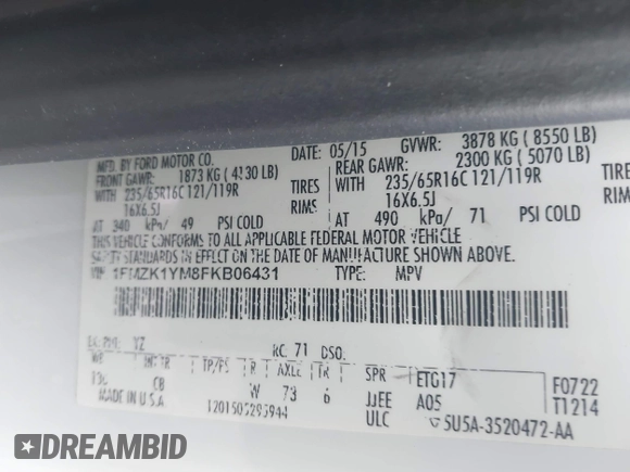 2015 Ford Transit XL with VIN 1FMZK1YM8FKB06431, listed as a IAAI auction lot 42653296 with 211,105 mi miles and . Bid and sale history available at DreamBid. Image 9.