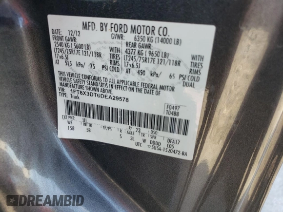 2013 Ford F-350 XL with VIN 1FT8X3DT6DEA29578, listed as a Copart auction lot 47451225 with Not provided miles and Salvage title. Bid and sale history available at DreamBid. Image 12.