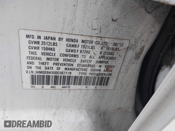 2013 Honda Fit with VIN JHMGE8H30DC067178, listed as a IAAI auction lot 41498926 with 121,036 mi miles. Bid and sale history available at carsss.com. Image 9.
