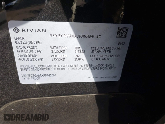 2023 Rivian R1T Adventure with VIN 7FCTGAAAXPN022097, listed as a IAAI auction lot 41235625 with 11,210 mi miles. Bid and sale history available at carsss.com. Image 9.