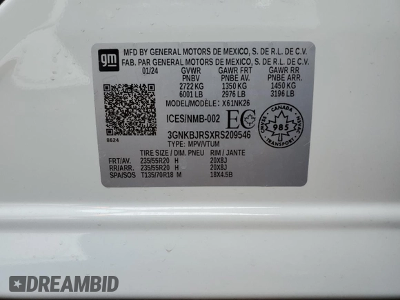 2024 Chevrolet Blazer LT with VIN 3GNKBJRSXRS209546, listed as a Copart auction lot 48401945 with 7,025 mi miles and Salvage title. Bid and sale history available at DreamBid. Image 14.
