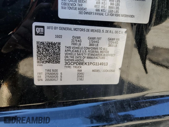 2023 Chevrolet Silverado 1500 Custom with VIN 3GCPDBEK1PG114913, listed as a Copart auction lot 45879175 with Not Provided miles and Salvage Title. Bid and sale history available at DreamBid. Image 14.